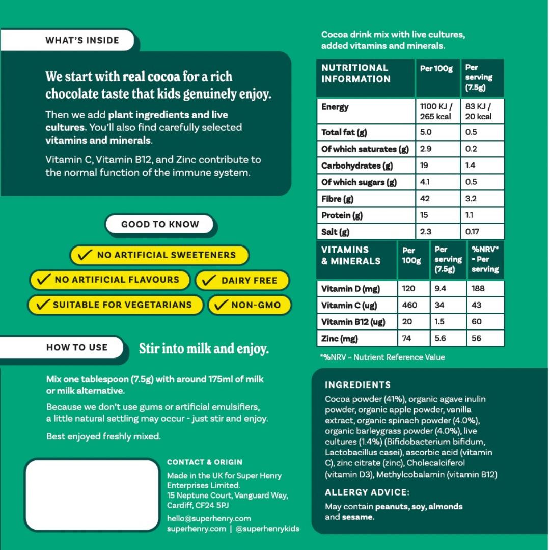 Super Henry ingredients, nutrition facts, vitamins, serving instructions and allergen information.