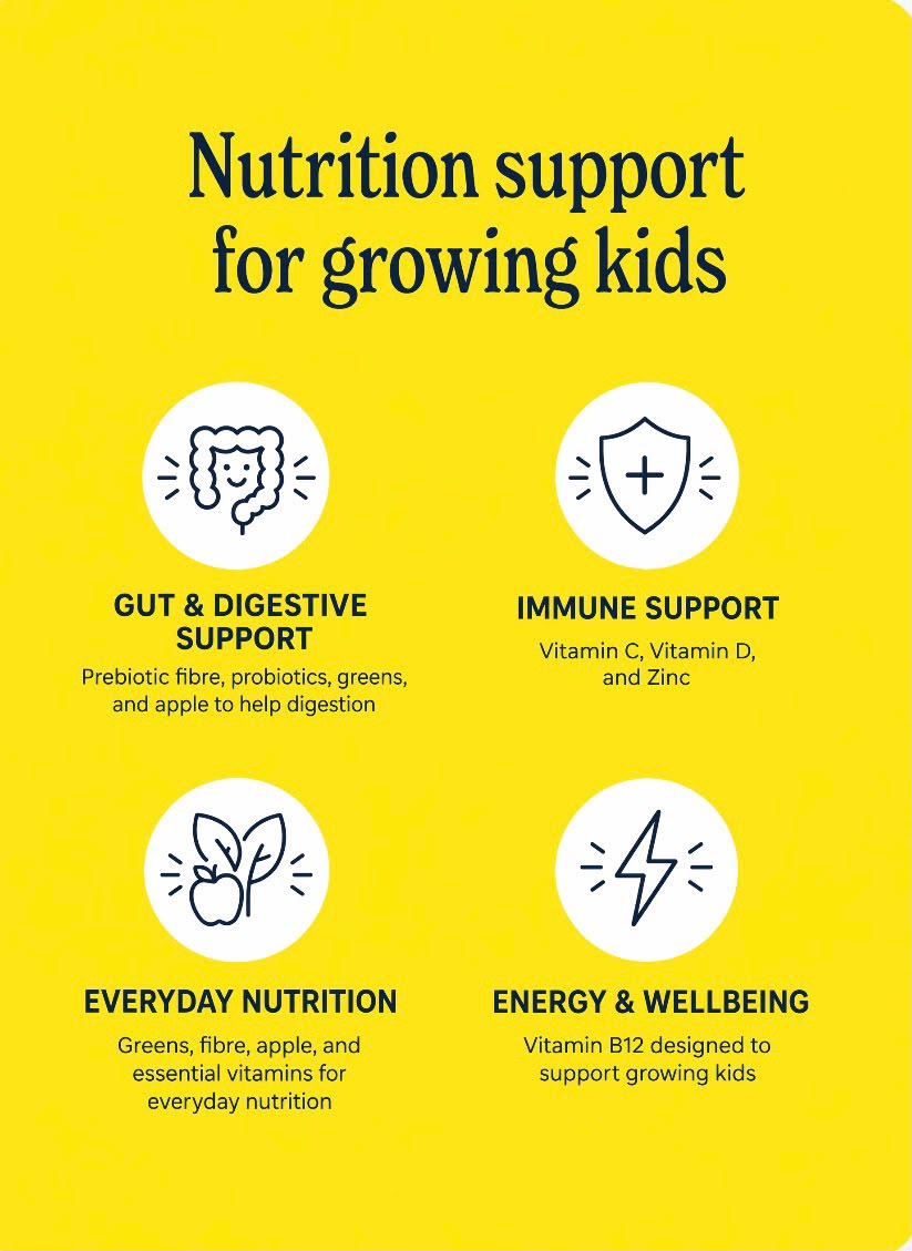 Benefits of Super Henry chocolate greens including gut health, immune support, everyday nutrition and energy for growing kids.