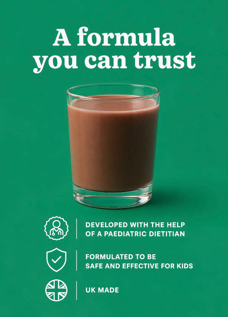 Super Henry chocolate greens developed with a paediatric dietitian, made in the UK and formulated for children aged 4–12.